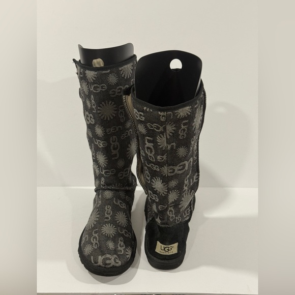 UGG Australia Tall Logo Knit Button Boots Women’s 8 Black Gray Shearling - Picture 4 of 14